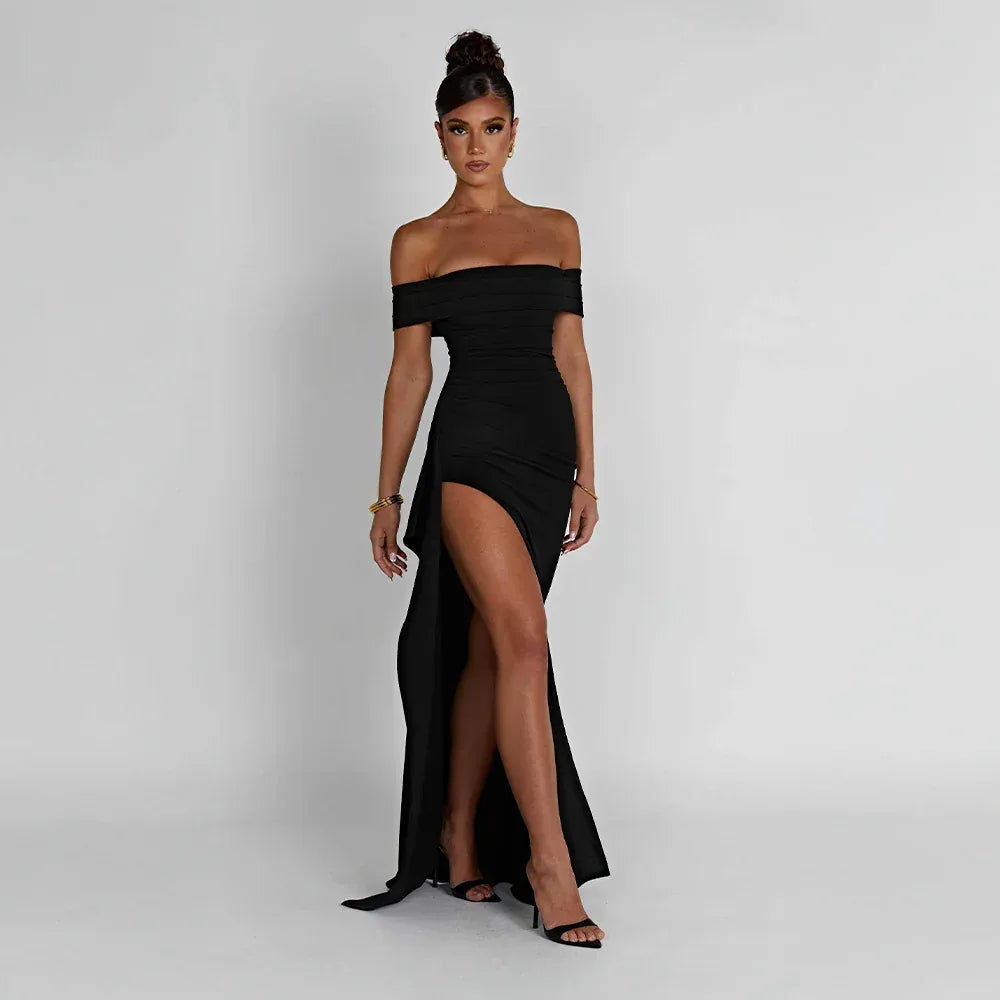 Clara | Elegant Off-Shoulder Maxi Dress with Thigh Slit