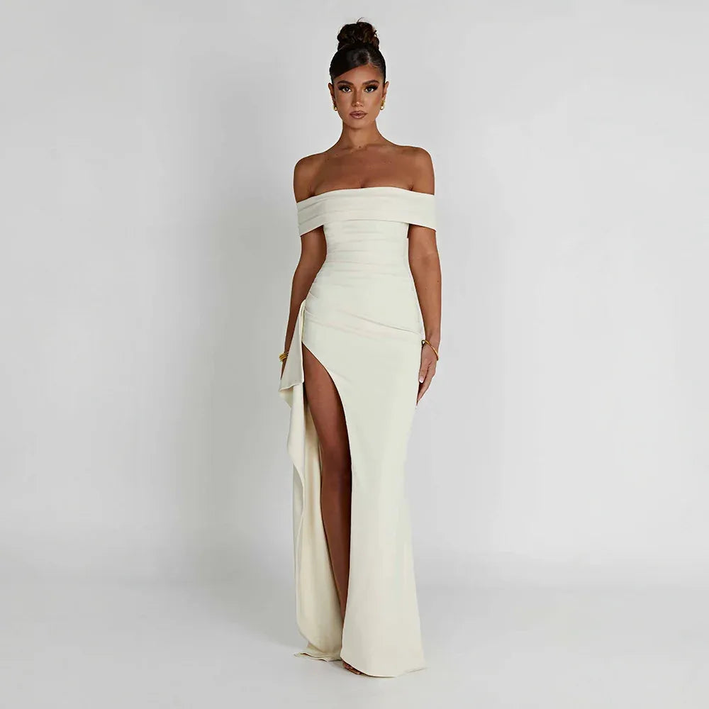 Clara | Elegant Off-Shoulder Maxi Dress with Thigh Slit