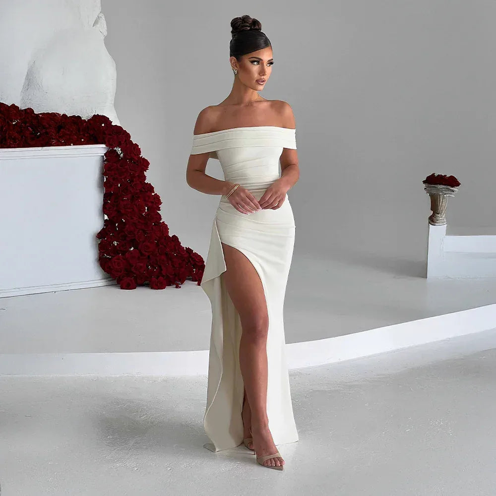 Clara | Elegant Off-Shoulder Maxi Dress with Thigh Slit