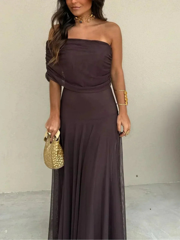 Brown Women's Brown Off Shoulder Maxi Dress — Shea Ruched Flowing - Front Detail