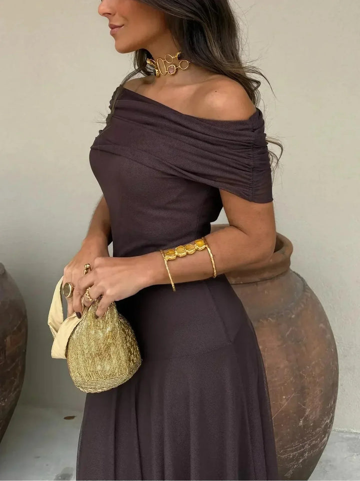 Brown Women's Brown Off Shoulder Maxi Dress — Shea Ruched Flowing - Ruched Detail