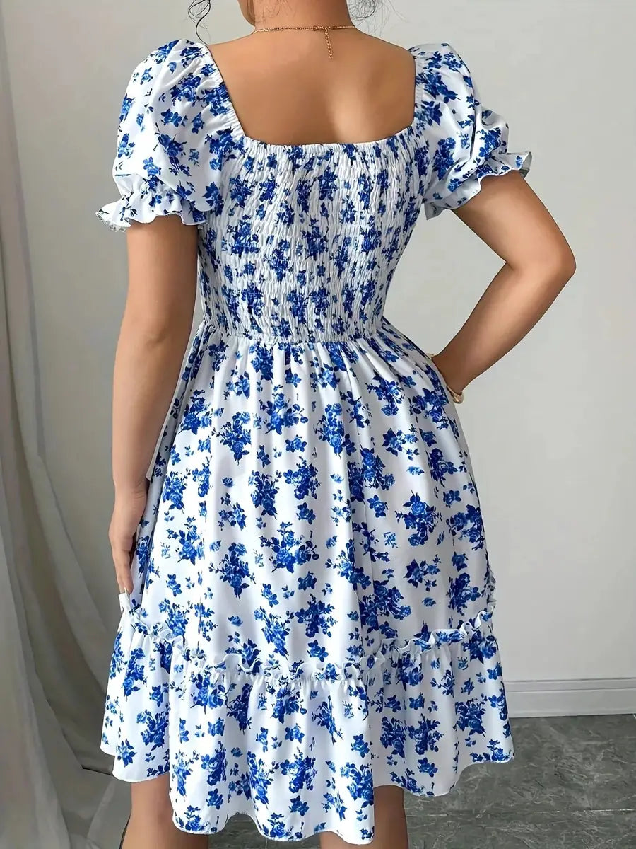 Blue Women's Off-Shoulder Floral Mini Dress — Juliet Puff Sleeve Smocked - Back Detail