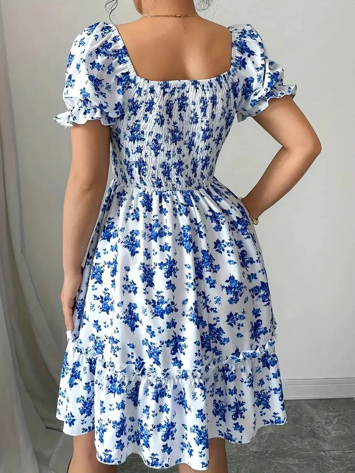 Blue Women's Off-Shoulder Floral Mini Dress — Juliet Puff Sleeve Smocked - Back Detail