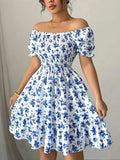 Women's Off-Shoulder Floral Mini Dress — Juliet Puff Sleeve Smocked