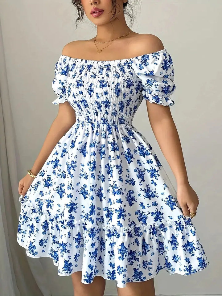 Blue Women's Off-Shoulder Floral Mini Dress — Juliet Puff Sleeve Smocked - Front Full