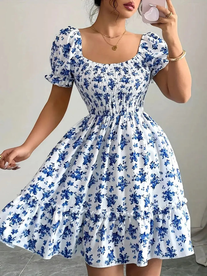 Blue Women's Off-Shoulder Floral Mini Dress — Juliet Puff Sleeve Smocked - Front Pose