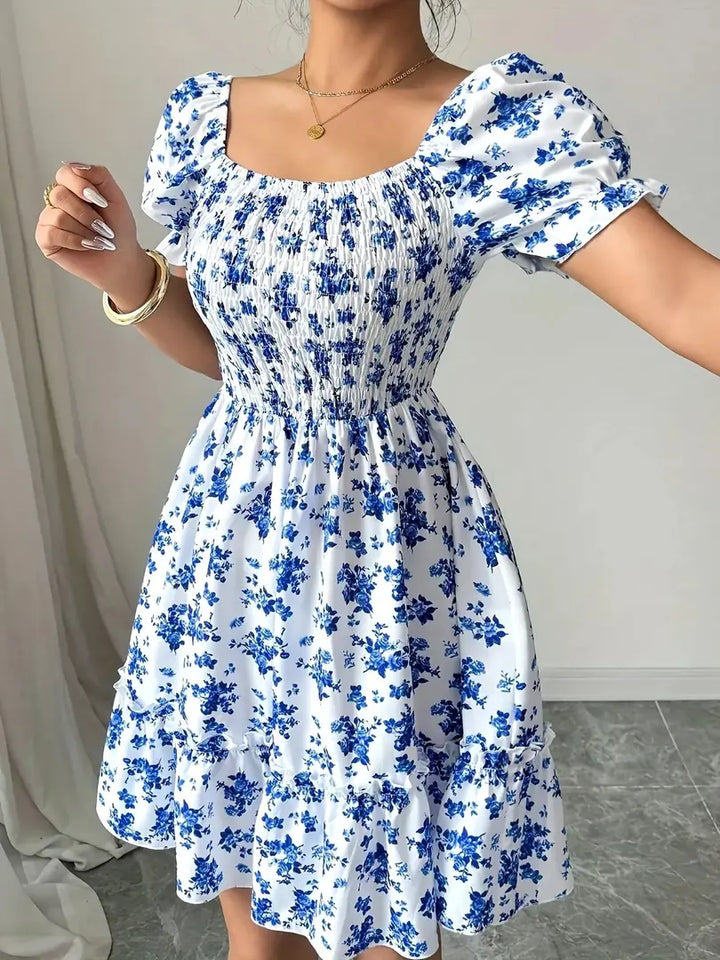 Blue Women's Off-Shoulder Floral Mini Dress — Juliet Puff Sleeve Smocked - Side Pose