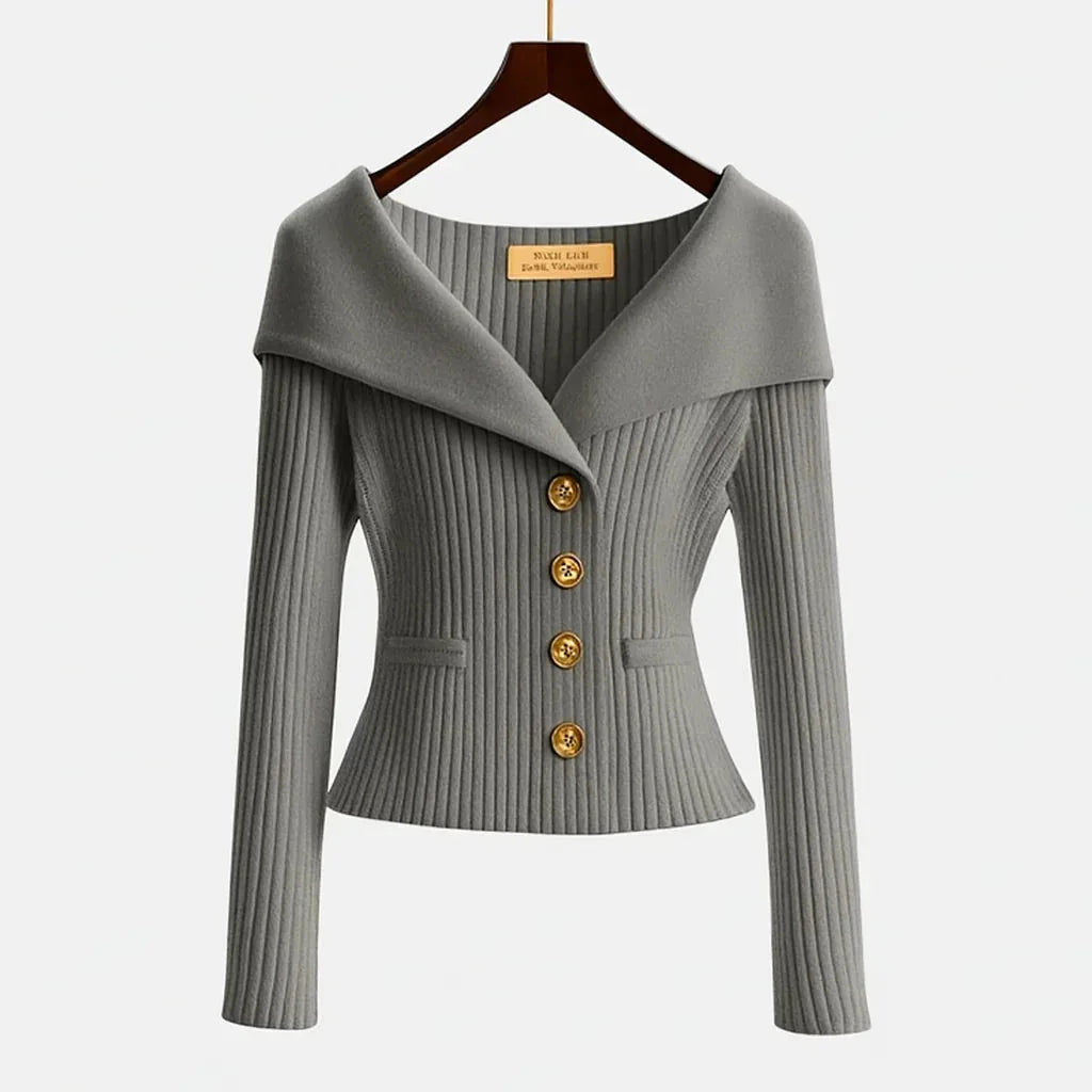 Gray Women's Off Shoulder Ribbed Sweater — Elena Button-Front Fitted - Front Hanger