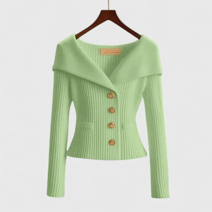 Green Women's Off Shoulder Ribbed Sweater — Elena Button-Front Fitted - Front Display