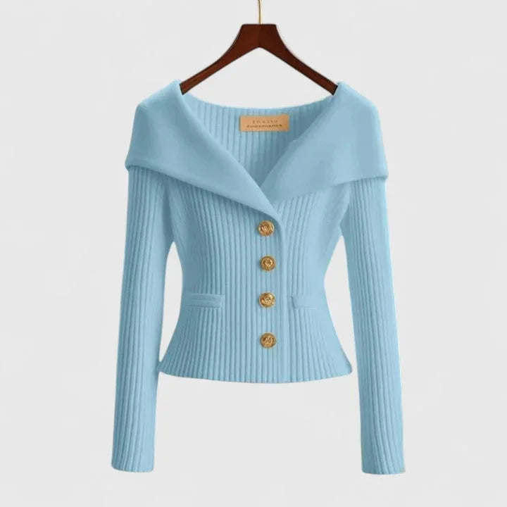 Light Blue Women's Off Shoulder Ribbed Sweater — Elena Button-Front Fitted - Front Styled