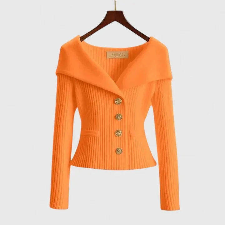 Orange Women's Off Shoulder Ribbed Sweater — Elena Button-Front Fitted - Front Detail