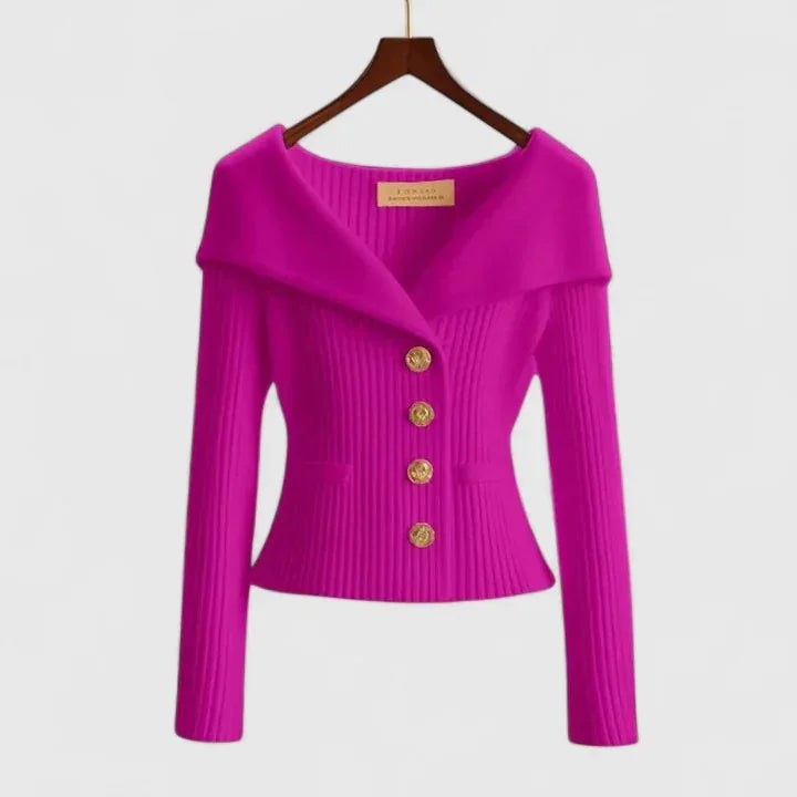Purple Women's Off Shoulder Ribbed Sweater — Elena Button-Front Fitted - Front Model