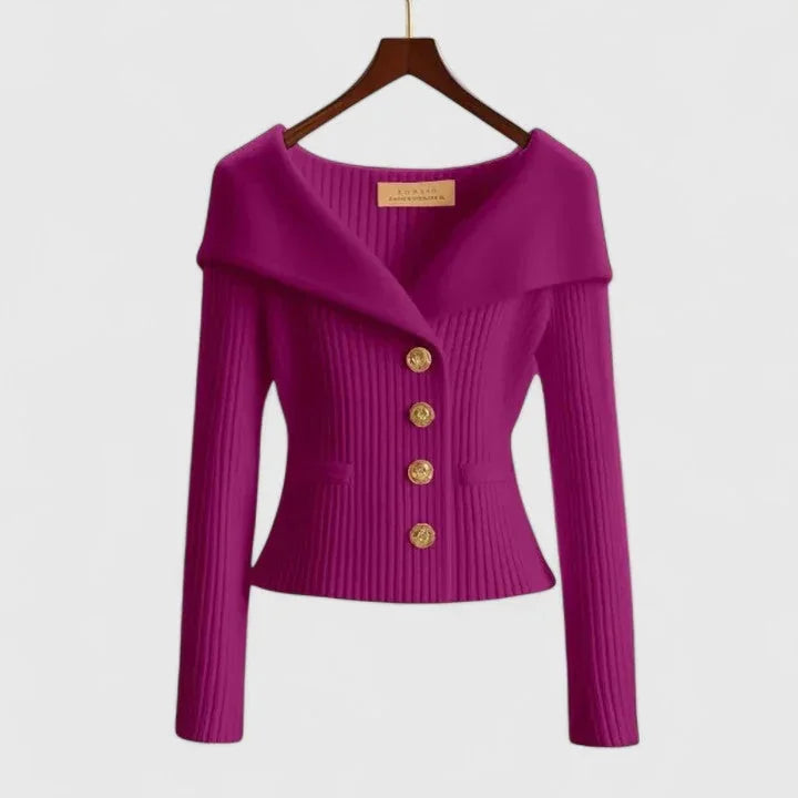 Purple Women's Off Shoulder Ribbed Sweater — Elena Button-Front Fitted - Front Showcase