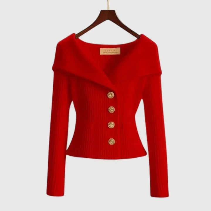 Red Women's Off Shoulder Ribbed Sweater — Elena Button-Front Fitted - Studio Front