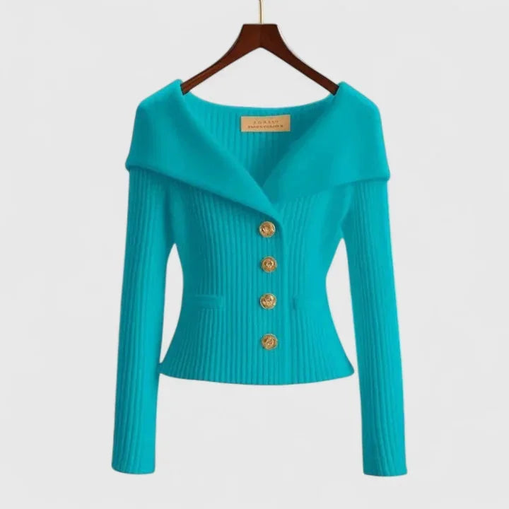 Turquoise Women's Off Shoulder Ribbed Sweater — Elena Button-Front Fitted - Front Worn
