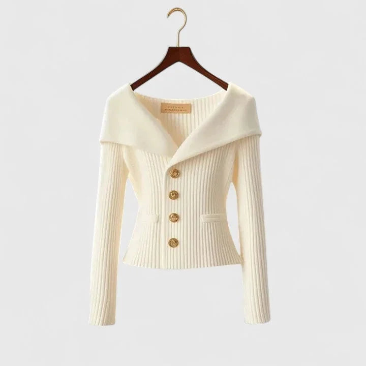 White Women's Off Shoulder Ribbed Sweater — Elena Button-Front Fitted - Front Full