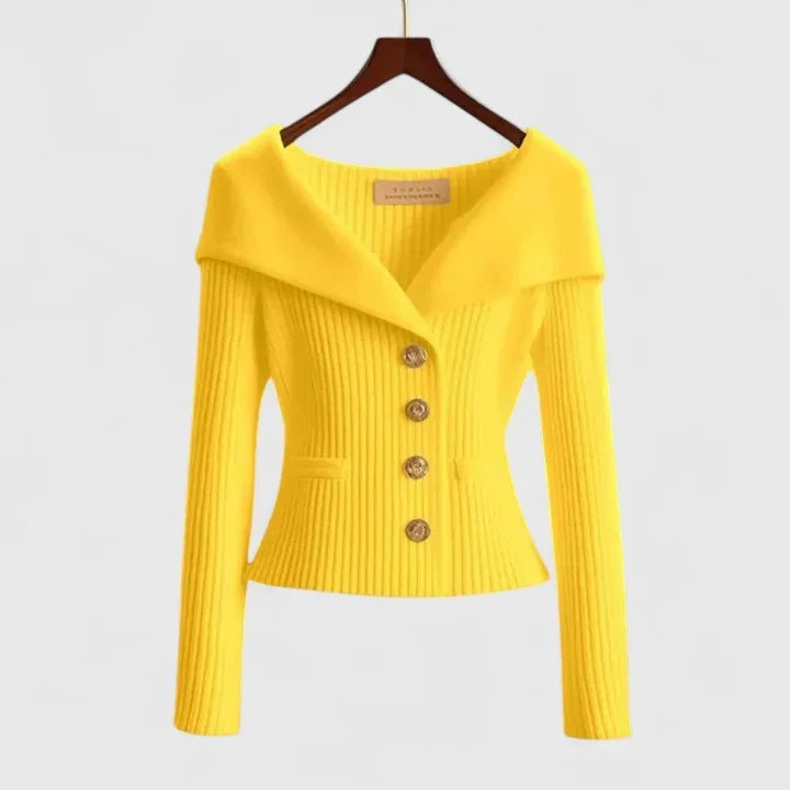 Yellow Women's Off Shoulder Ribbed Sweater — Elena Button-Front Fitted - Front Studio