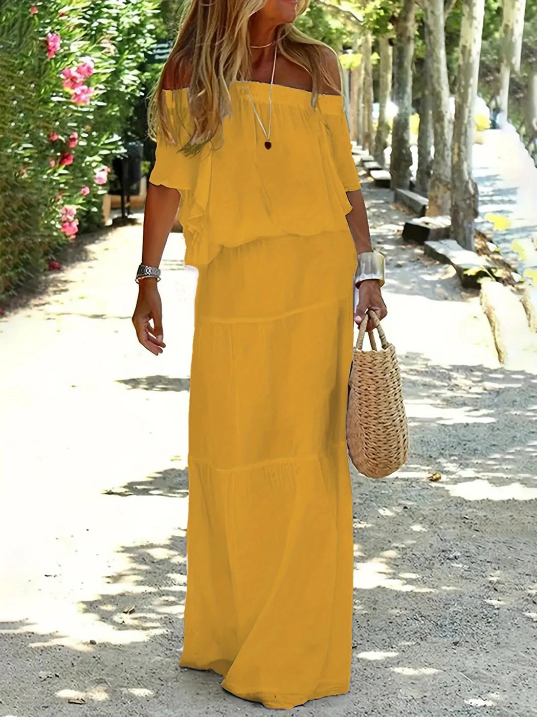 Yellow Women's Off Shoulder Maxi Dress — Kelly Ruffle Tiered Boho - Side Detail