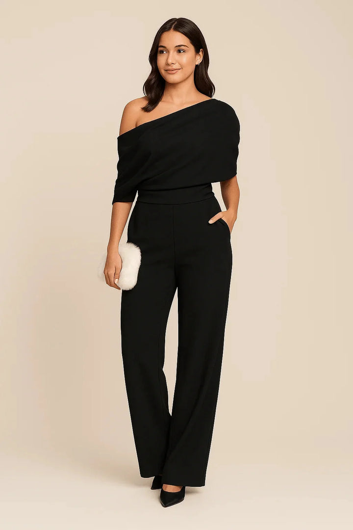 Black Women's Off Shoulder Wide Leg Summer Jumpsuit — Blair Elegant Tie - Front Pose