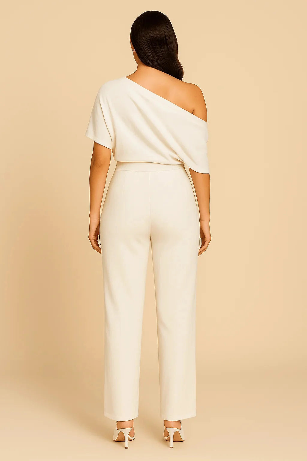 White Women's Off Shoulder Wide Leg Summer Jumpsuit — Blair Elegant Tie - Back Detail