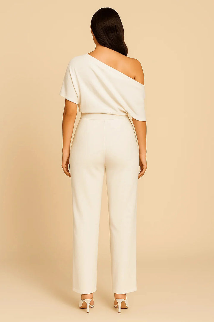 White Women's Off Shoulder Wide Leg Summer Jumpsuit — Blair Elegant Tie - Back Detail