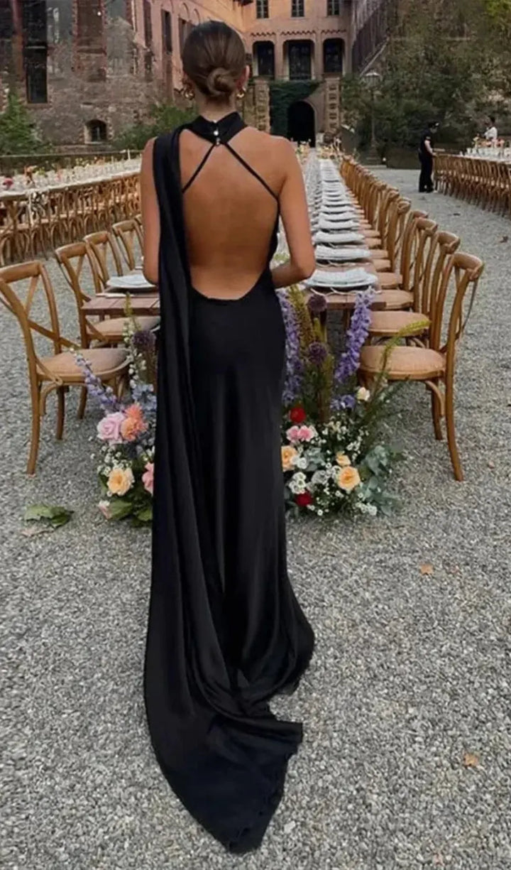 Black Women's One Shoulder Draped Maxi Dress — Maya Asymmetric Flowing Evening - Back Detail