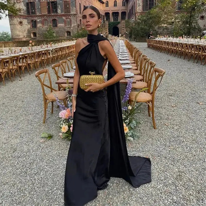 Black Women's One Shoulder Draped Maxi Dress — Maya Asymmetric Flowing Evening - Front Full