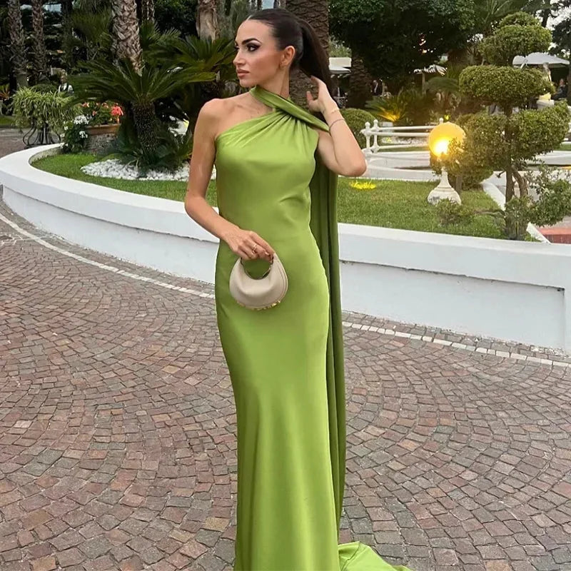 Green Women's One Shoulder Draped Maxi Dress — Maya Asymmetric Flowing Evening - Outdoor Setting