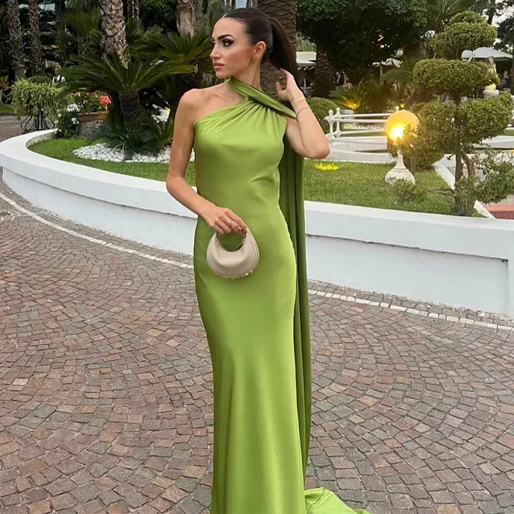 Green Women's One Shoulder Draped Maxi Dress — Maya Asymmetric Flowing Evening - Outdoor Setting