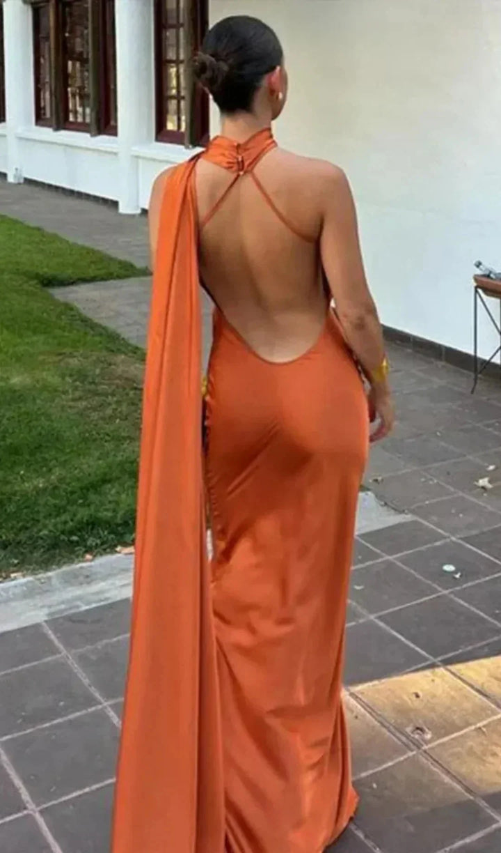 Orange Women's One Shoulder Draped Maxi Dress — Maya Asymmetric Flowing Evening - Back Full