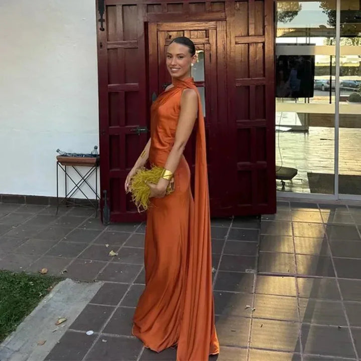 Orange Women's One Shoulder Draped Maxi Dress — Maya Asymmetric Flowing Evening - Side Stance