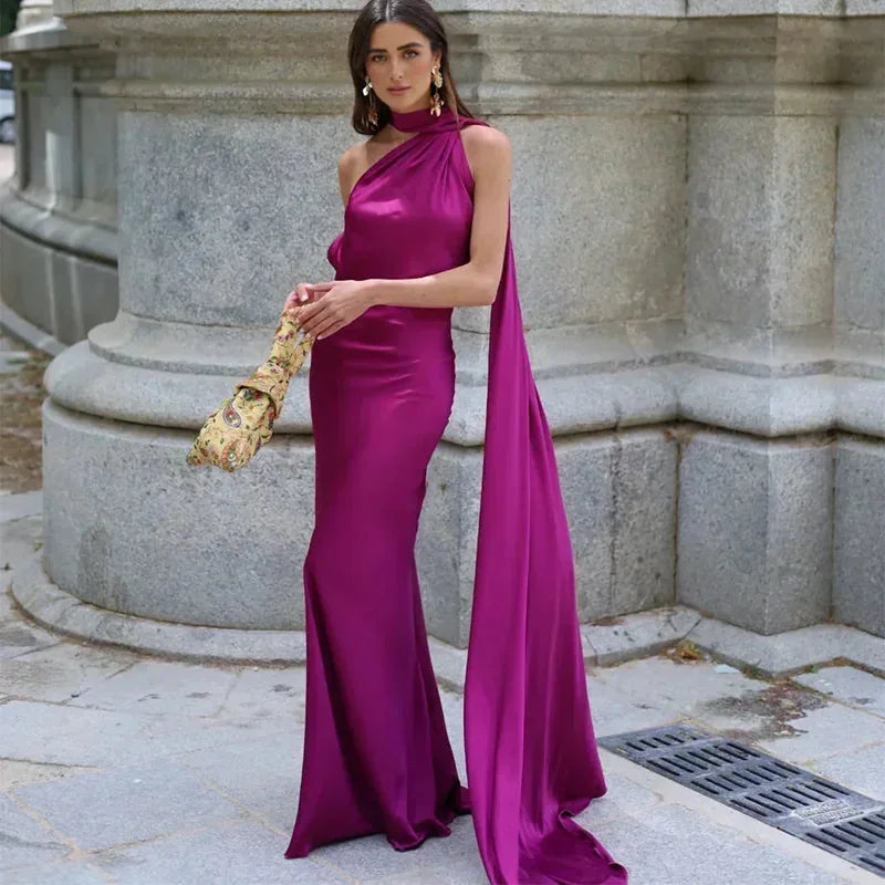 Purple Women's One Shoulder Draped Maxi Dress — Maya Asymmetric Flowing Evening - Side Profile