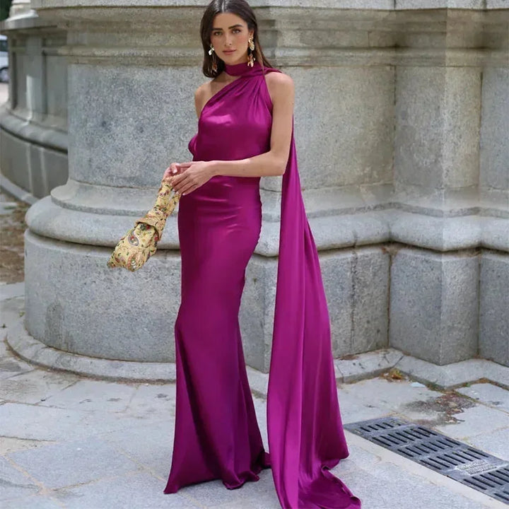 Purple Women's One Shoulder Draped Maxi Dress — Maya Asymmetric Flowing Evening - Side Profile