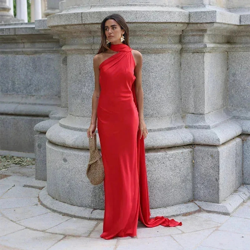 Red Women's One Shoulder Draped Maxi Dress — Maya Asymmetric Flowing Evening - Formal Pose