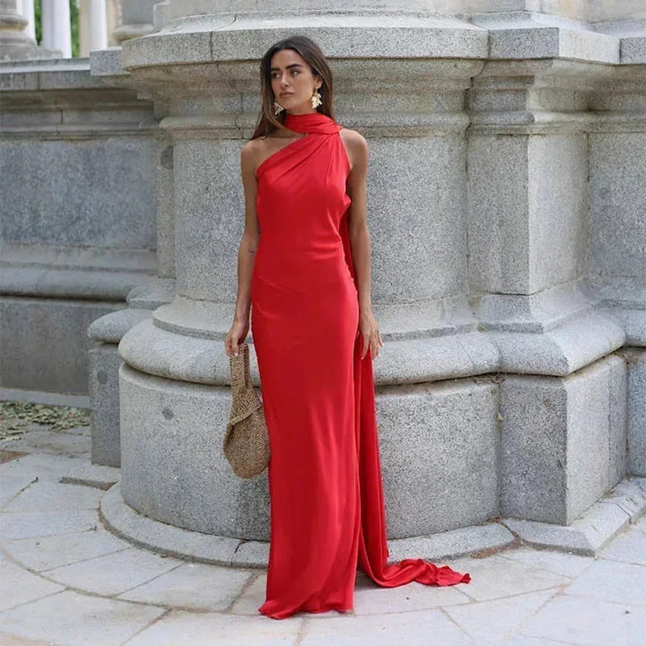 Red Women's One Shoulder Draped Maxi Dress — Maya Asymmetric Flowing Evening - Formal Pose