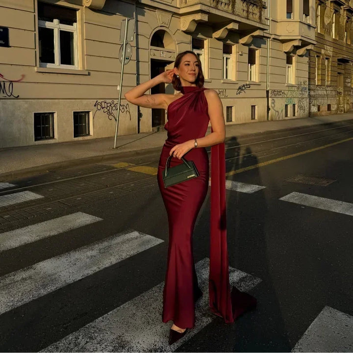 Rouge Women's One Shoulder Draped Maxi Dress — Maya Asymmetric Flowing Evening - Vin Street Style