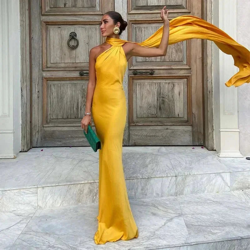 Yellow Women's One Shoulder Draped Maxi Dress — Maya Asymmetric Flowing Evening - Front Pose