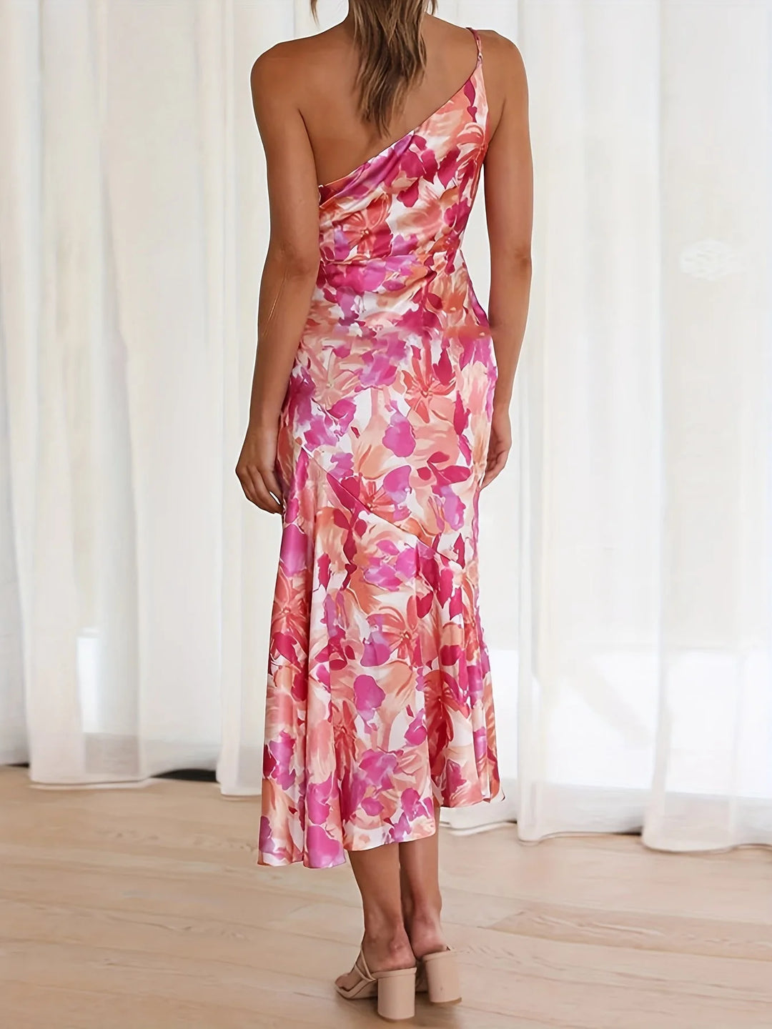 Juliette | Floral One-Shoulder Pink Midi Dress
