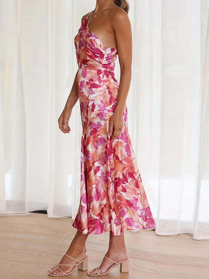 Juliette | Floral One-Shoulder Pink Midi Dress