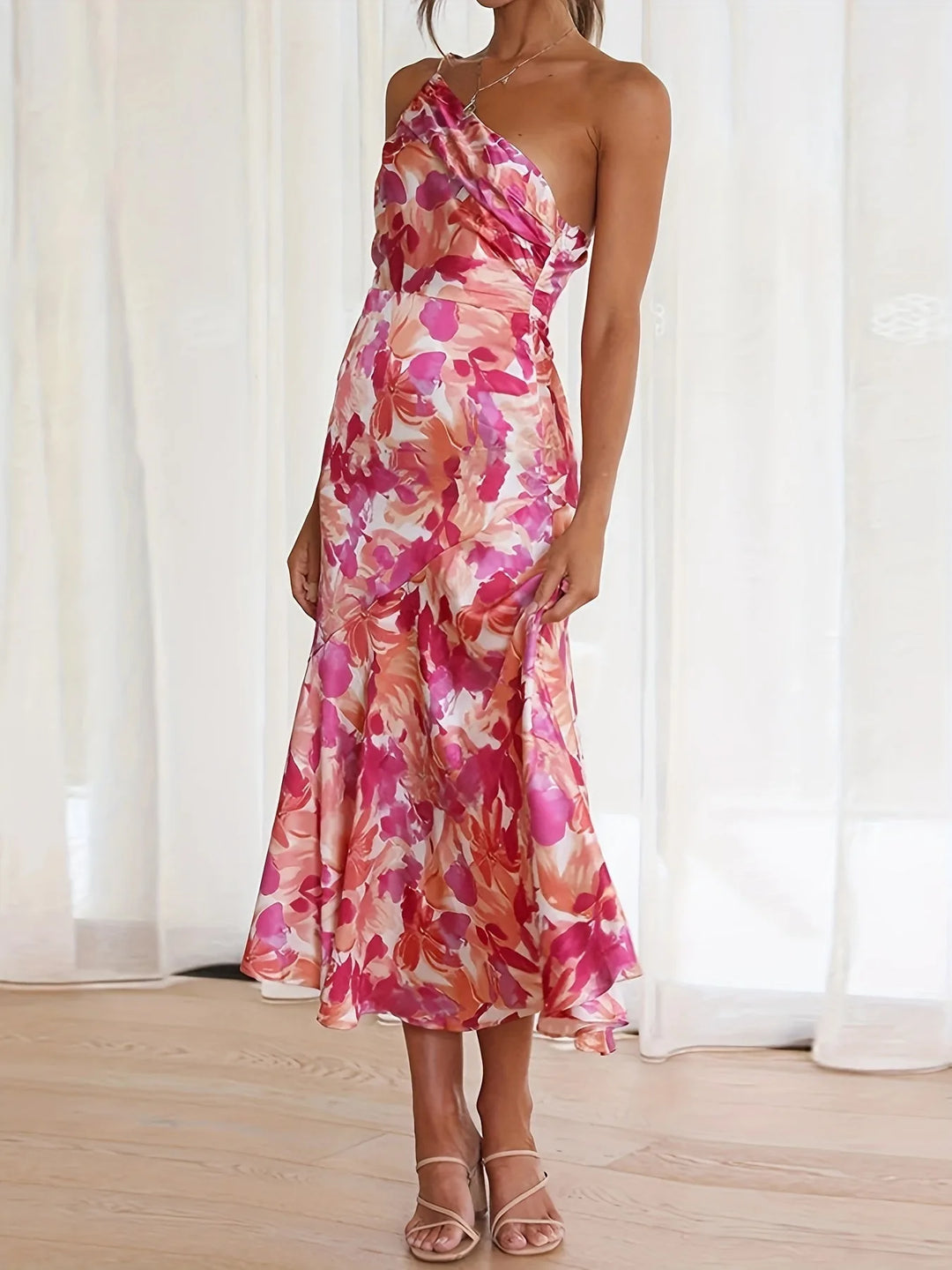 Juliette | Floral One-Shoulder Pink Midi Dress