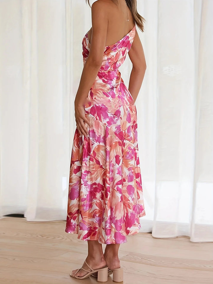 Juliette | Floral One-Shoulder Pink Midi Dress