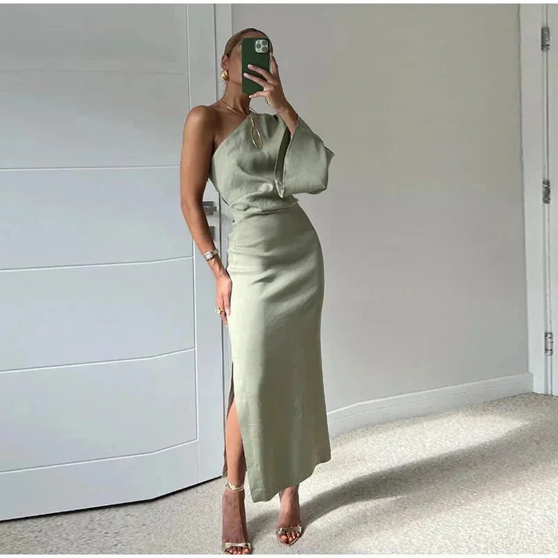 Green Women's Green One Shoulder Midi Dress — Holly Side Slit Elegant - Front Full
