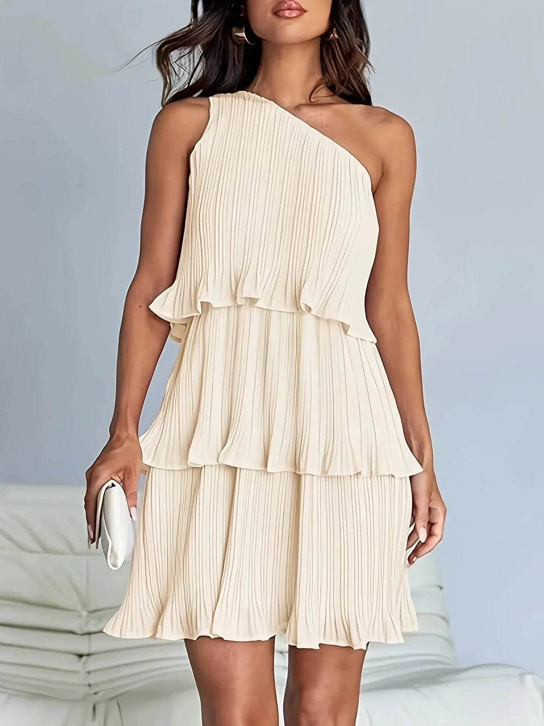 Bethany | One-Shoulder Pleated Tiered White Midi Dress