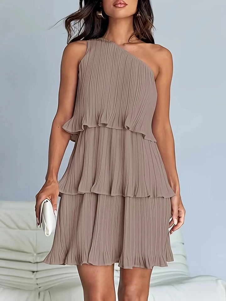 Bethany | One-Shoulder Pleated Tiered White Midi Dress