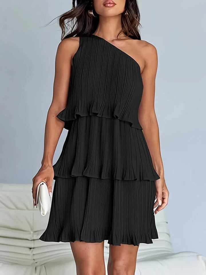 Bethany | One-Shoulder Pleated Tiered White Midi Dress