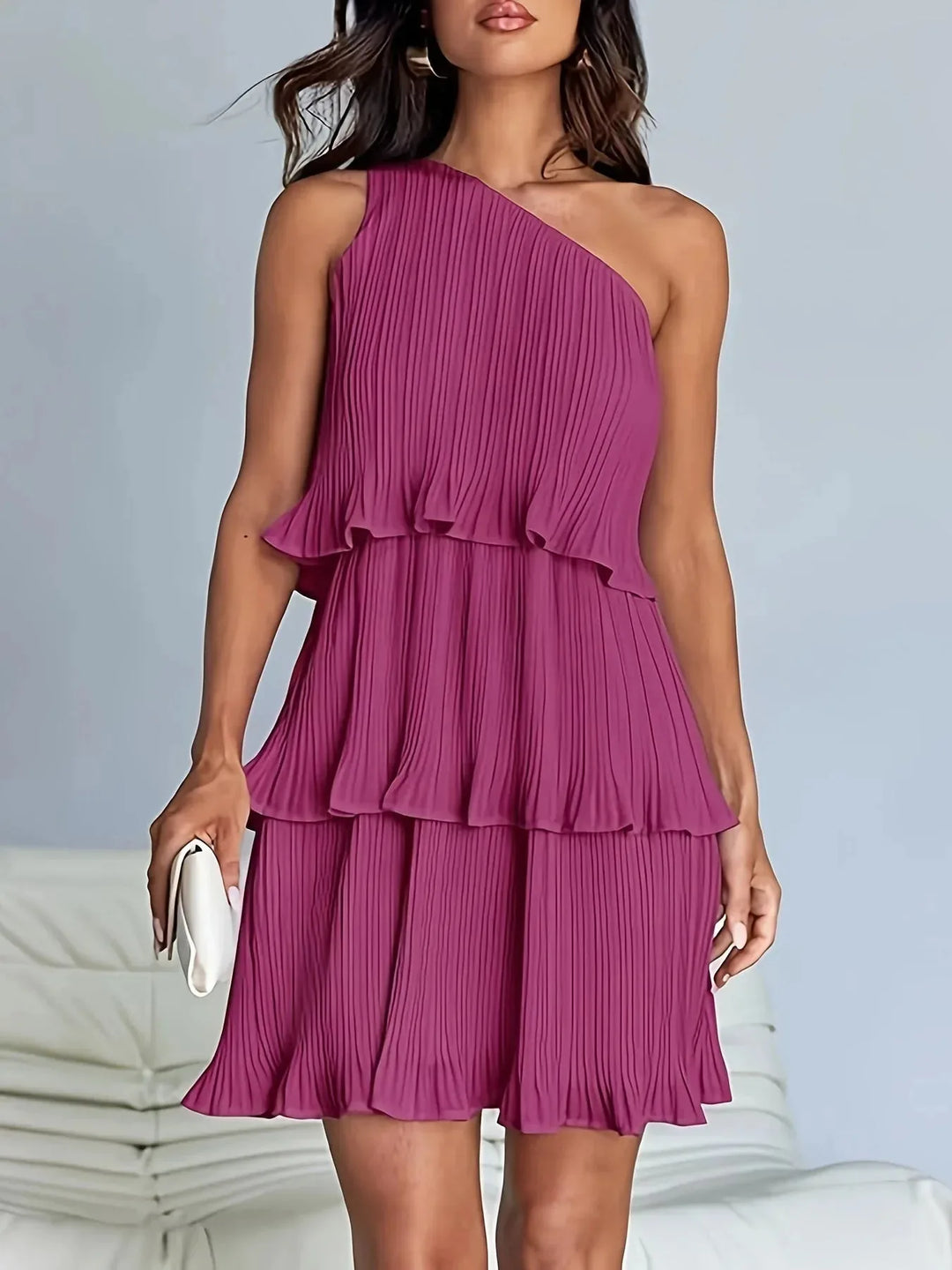 Bethany | One-Shoulder Pleated Tiered White Midi Dress