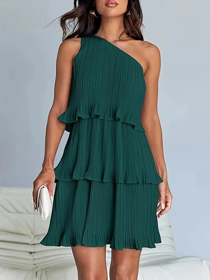 Bethany | One-Shoulder Pleated Tiered White Midi Dress