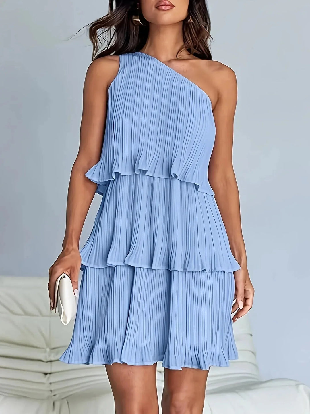 Bethany | One-Shoulder Pleated Tiered White Midi Dress