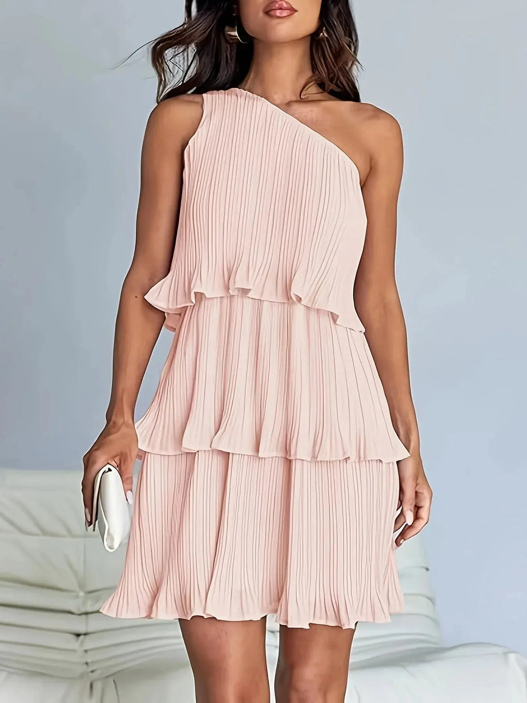 Bethany | One-Shoulder Pleated Tiered White Midi Dress