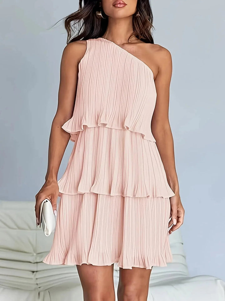 Bethany | One-Shoulder Pleated Tiered White Midi Dress